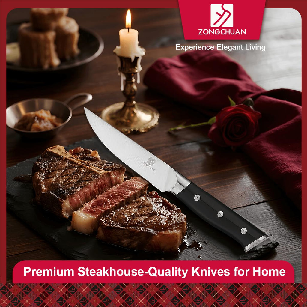 zongchuan Steak Knife,4.5inch Steak Knives Set of 2,High-Carbon Stainless Steel Knife Set,Serrated Blade Sharp Knives,Dishwasher Safe,Ergonomic Black Handel,Full Tang Design With Excellent Gift