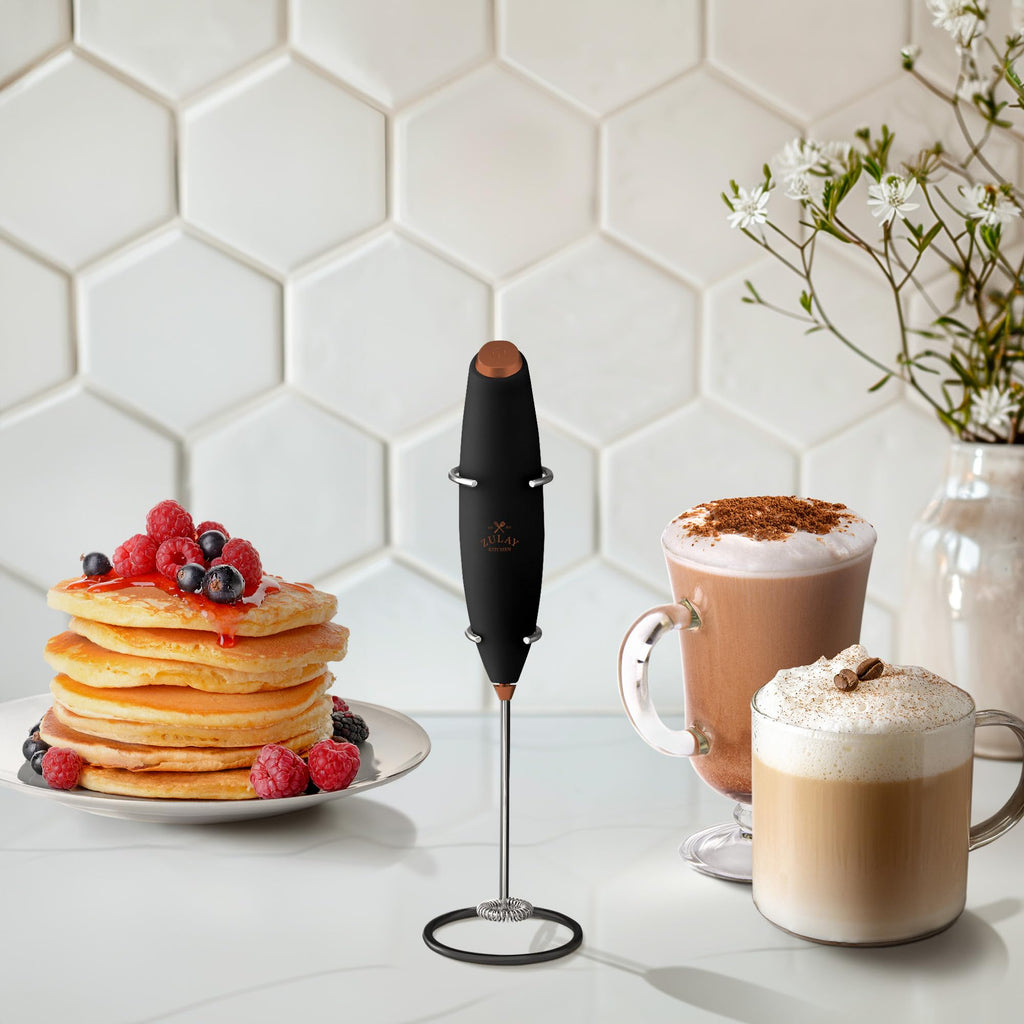 Zulay Kitchen Powerful Milk Frother Wand With Duracell Batteries - Ultra Fast Handheld Drink Mixer - Electric Whisk Foam Maker for Coffee, Lattes, Cappuccino & Matcha - Z1 Motor - Black & Copper