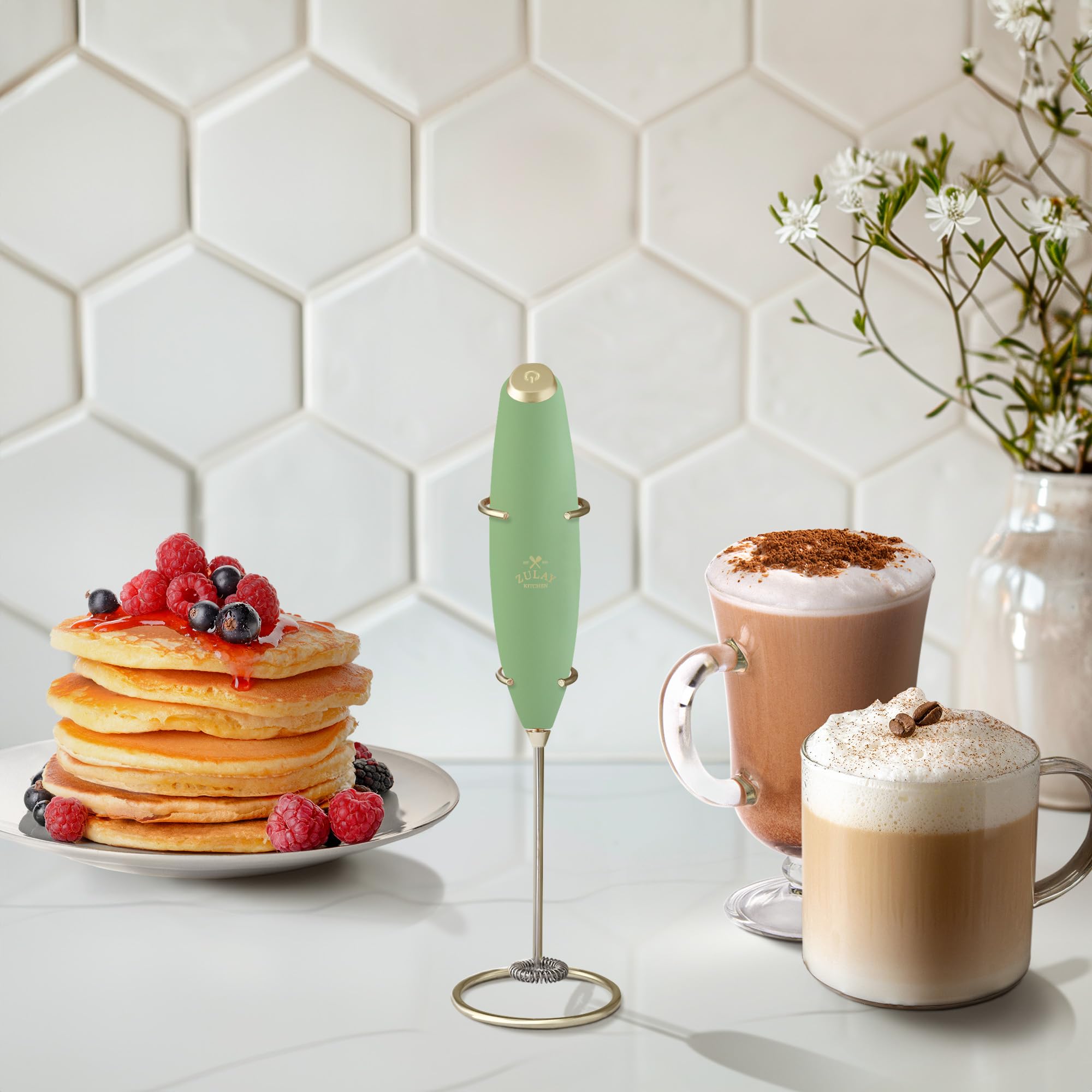 Zulay Kitchen Powerful Milk Frother Wand With Duracell Batteries - Ultra Fast Handheld Drink Mixer - Electric Whisk Foam Maker for Coffee, Lattes, Cappuccino & Matcha - Z1 Motor - Forest Gold
