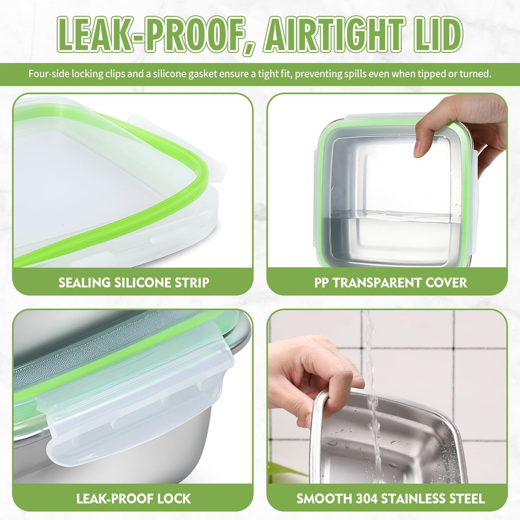 2 Pack Sandwich Containers, 40oz Stainless Steel Sandwich Box with Airtight Lids, Reusable Metal Meal Prep Lunch Boxes, BPA-Free, Dishwasher Safe, Large Capacity Food Storage Containers (Green)