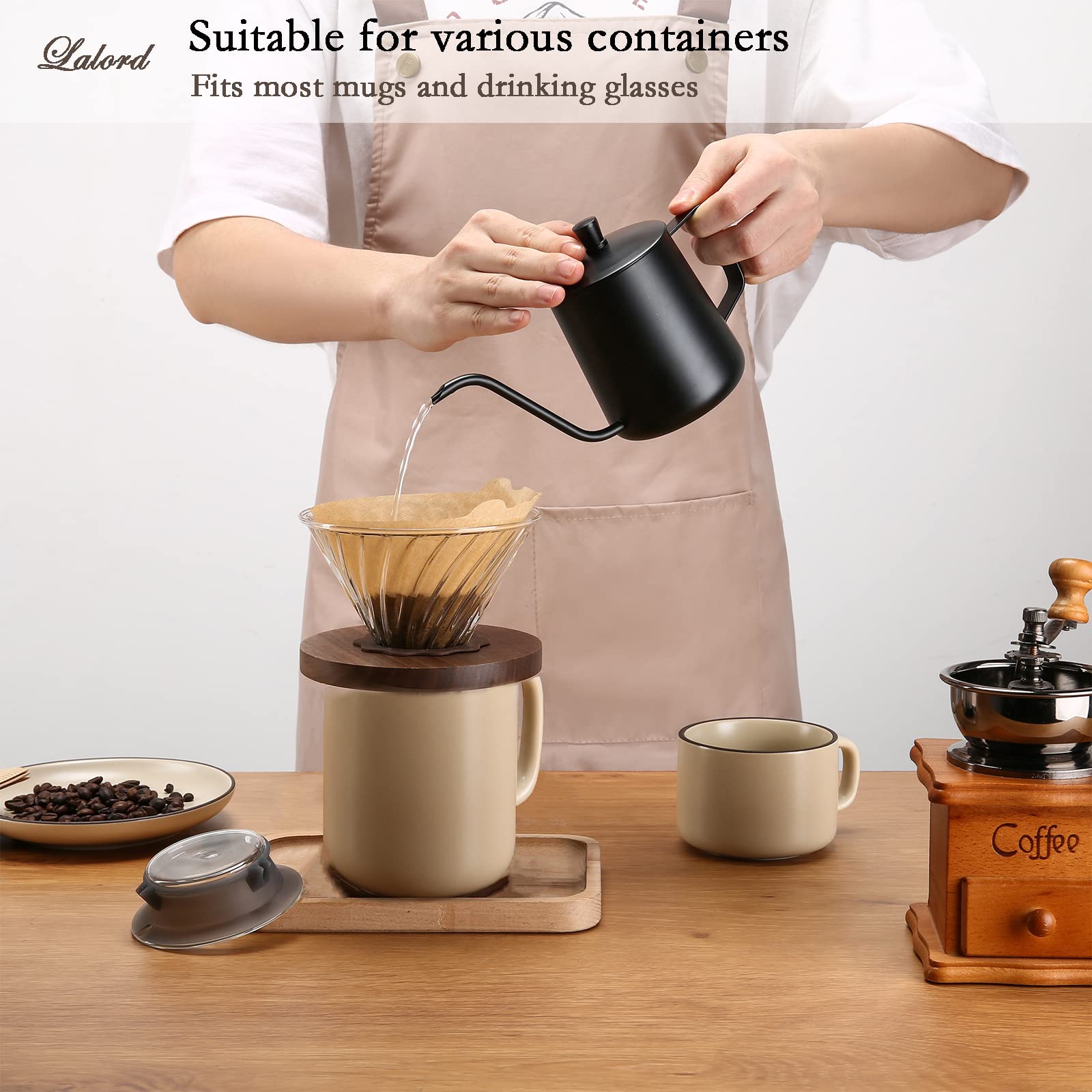 Lalord Pour Over Coffee Dripper with 100 pcs Size 02 Paper Filter, Walnut Handle and Borosilicate Glass, Glass Coffee Dripper, Hold for 1-4 Cups