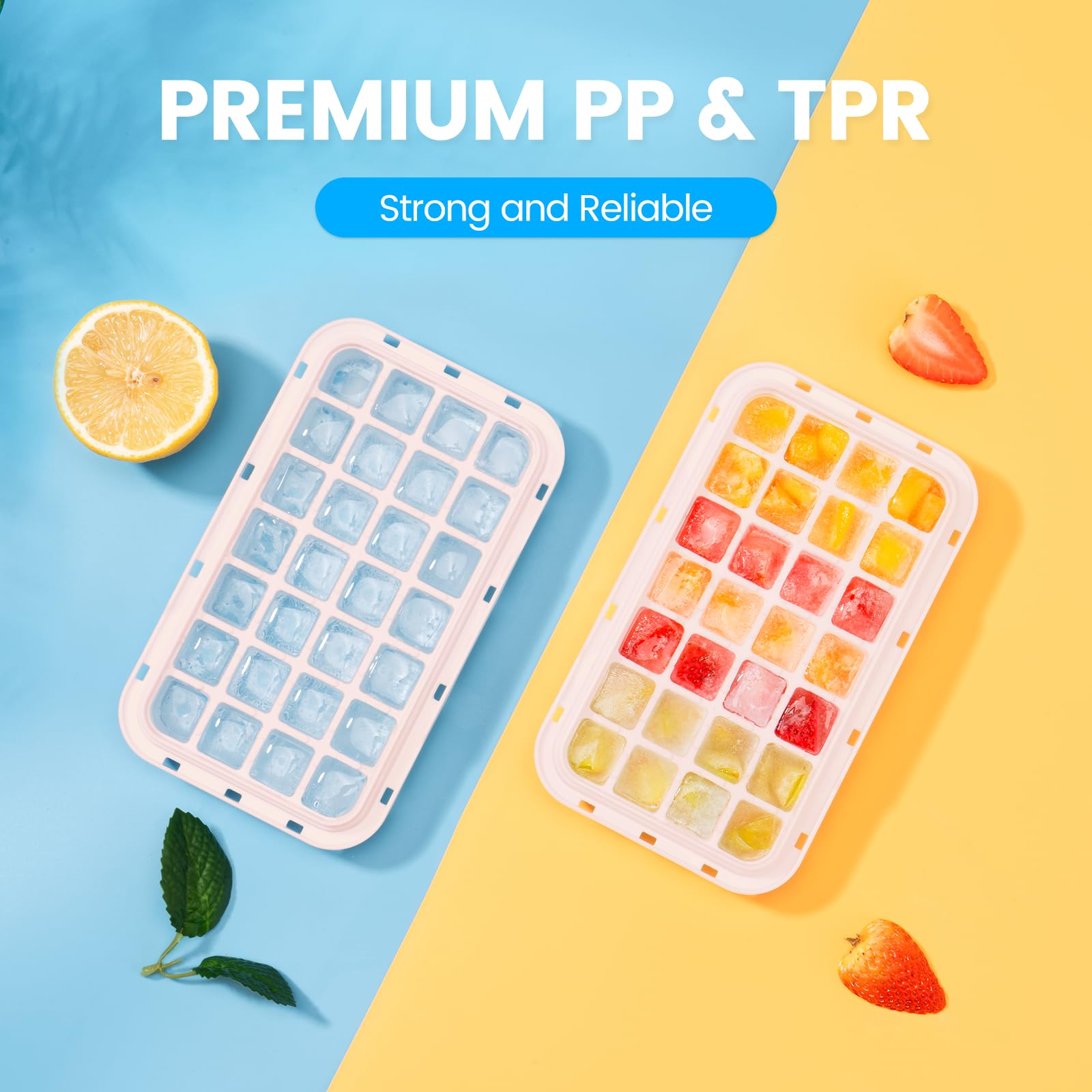 0.8“ Ice Cube Tray with Lid and Bin, PHINOX 84 Cubes Ice Trays for Freezer, Ice Cube Trays for Freezer with 3 trays, Container, Lid & Ice Scoop, BPA Free, Pink(28Cubes/Tier)