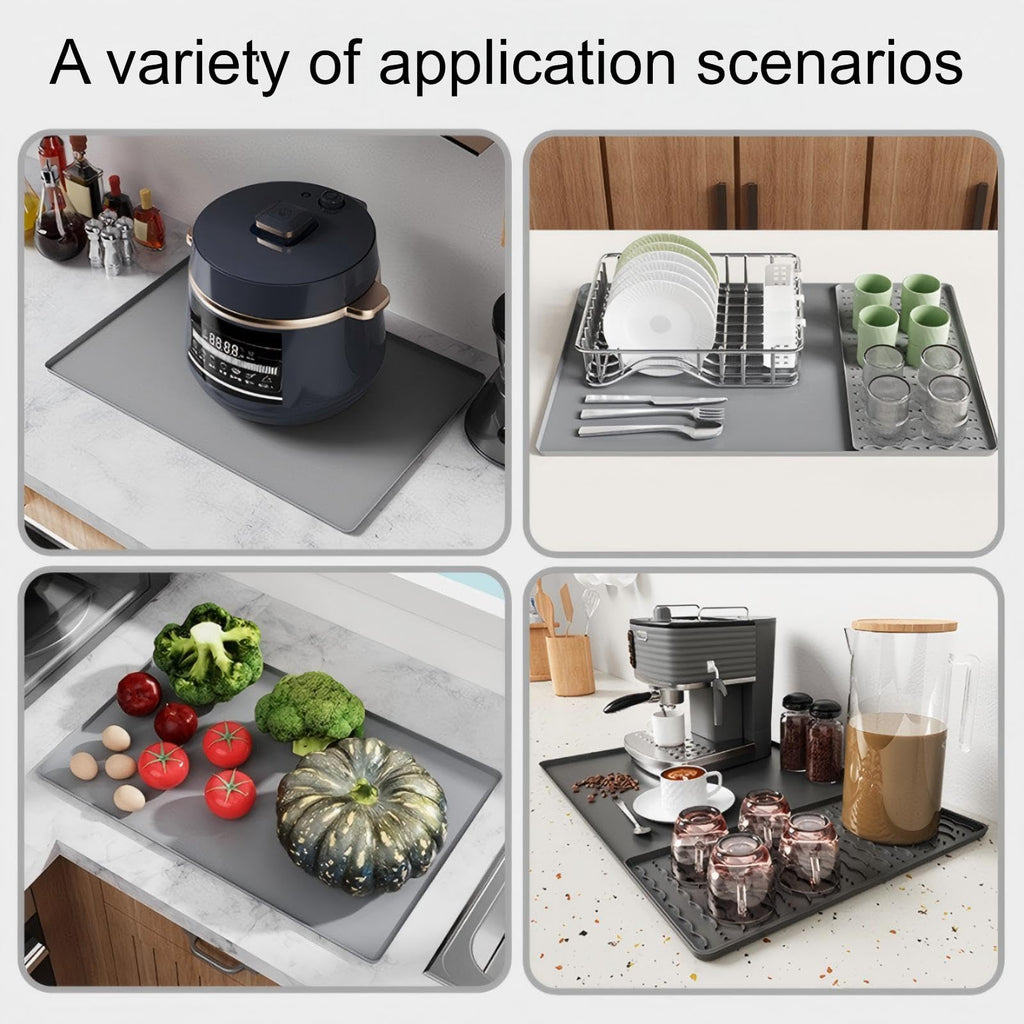 Seoodn Silicone Coffee Mat, 24''x16' with Removable Dry Drying Pad - Fits Coffee Maker and Kitchen Station Mat Accessories, Under Dish Handle; black