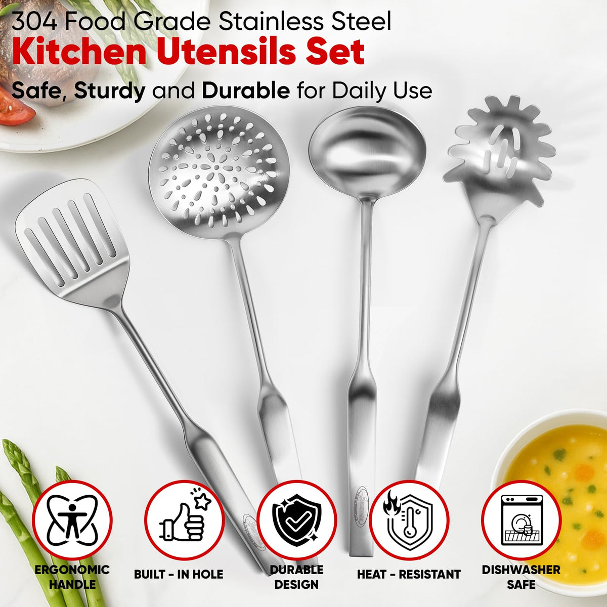Newness 4 Pcs Cooking Utensils Set, 304 Stainless Steel Kitchen Utensils Set, Metal Kitchen Accessories, Include Soup Ladle, Slotted Skimmer Spoon, Spaghetti Spoon and Spatula, Dishwasher Safe