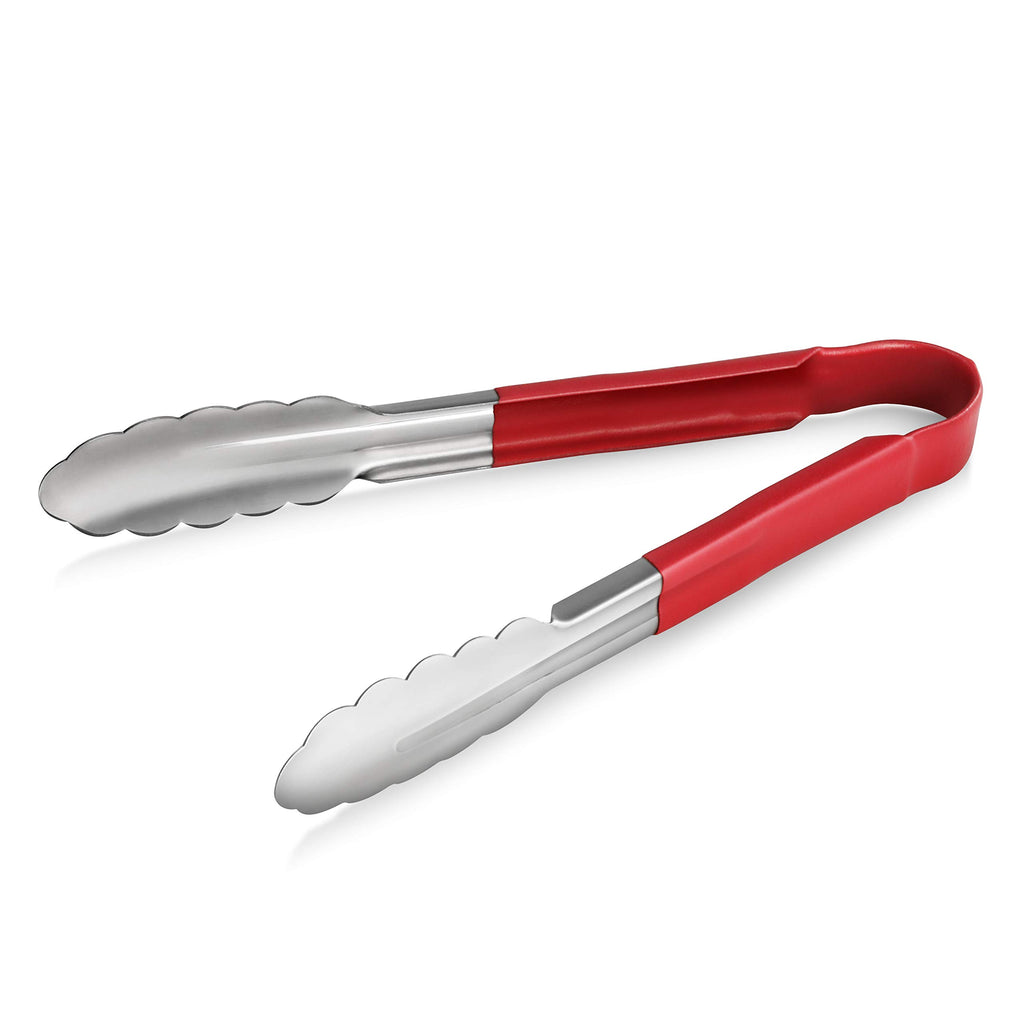 New Star Foodservice 35872 9-Inch Utility Spring Tongs, Stainless Steel, Vinyl Coated, Set of 12, Red