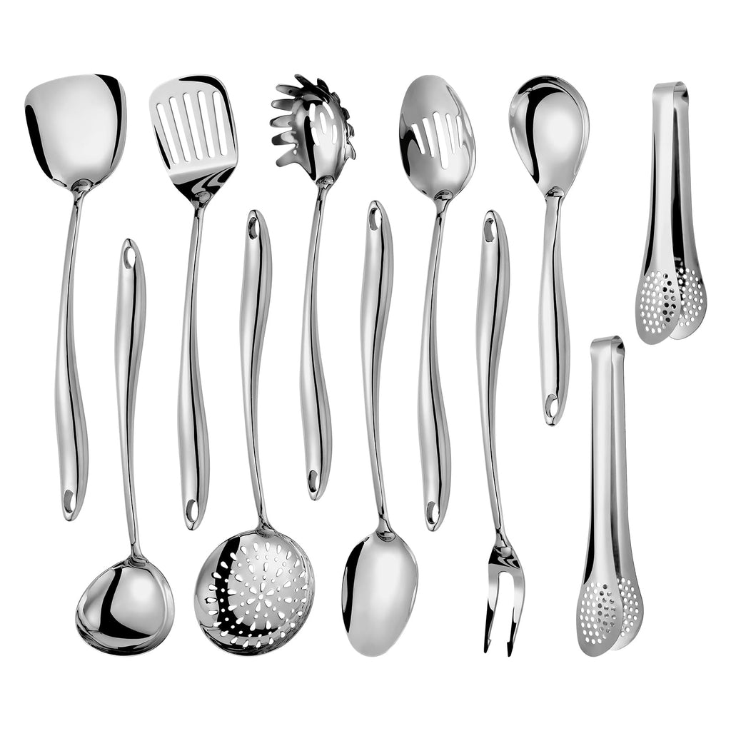 304 Stainless Steel Kitchen Utensils Set, 6 Pcs Long Metal Cooking Utensil with Spatula, Solid Spoon, Ladle, Skimmer, Spaghetti Spoon, Meat Fork, Dishwasher Safe