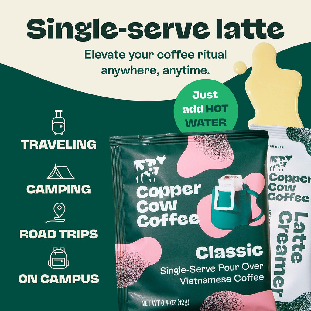 Copper Cow Vietnamese Coffee Variety Pack (15 Coffees & 15 Creamers)| Classic, Vanilla, & Salted Caramel Latte | Pour Over Single-Serve Lattes, No Refrigeration Needed, Travel Friendly Ground Coffee