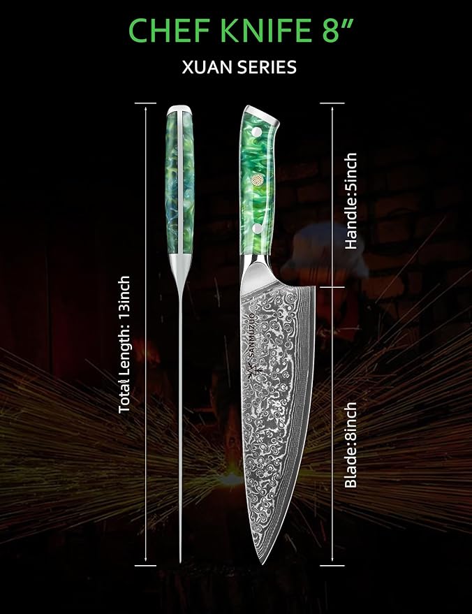 SANMUZUO Chef Knife - 8 inch - Xuan Series - VG10 Damascus Steel Kitchen Knife - Resin Handle (Jade Green)