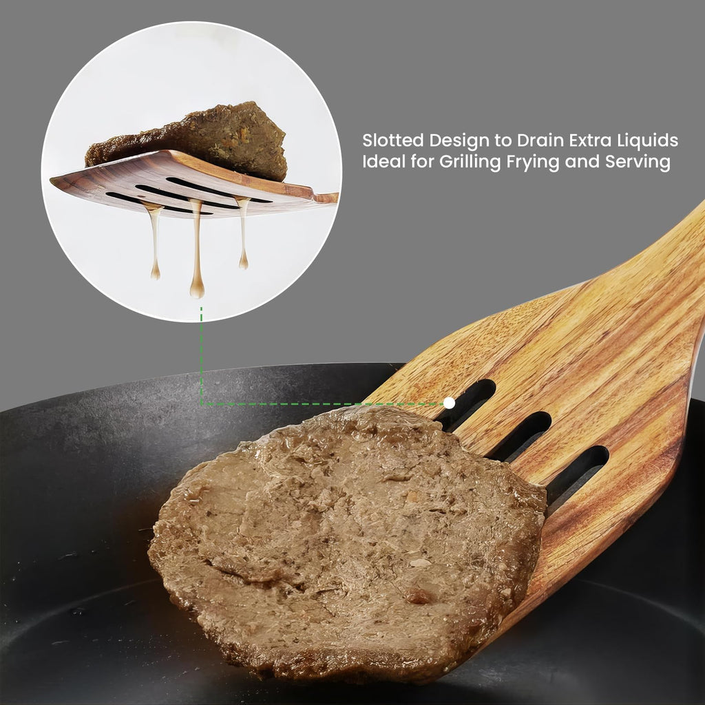 GEEKHOM Slotted Wooden Spurtle Bamboo Turners: 13 Inch Long Handle for Sourdough Starter, Mixing Reaching Jar Bottom, Nonstick Cookware 2 Pack
