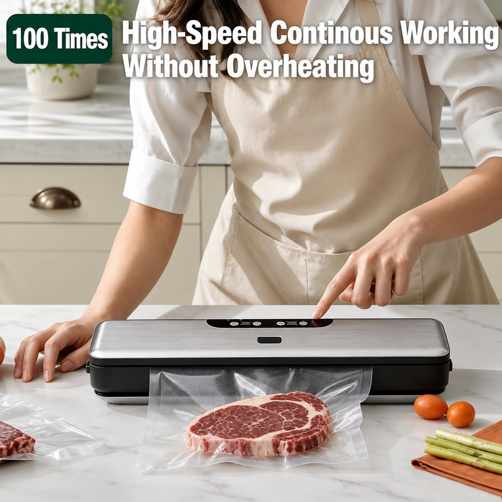 Compact Food Saver Vacuum Sealer Machine 100 Times Consecutive Works | 5mm Sealing Wire | 5 Food Modes | Portable Dry&Moist Multi-Functional Storage with 10 Vacuum Seal Bags