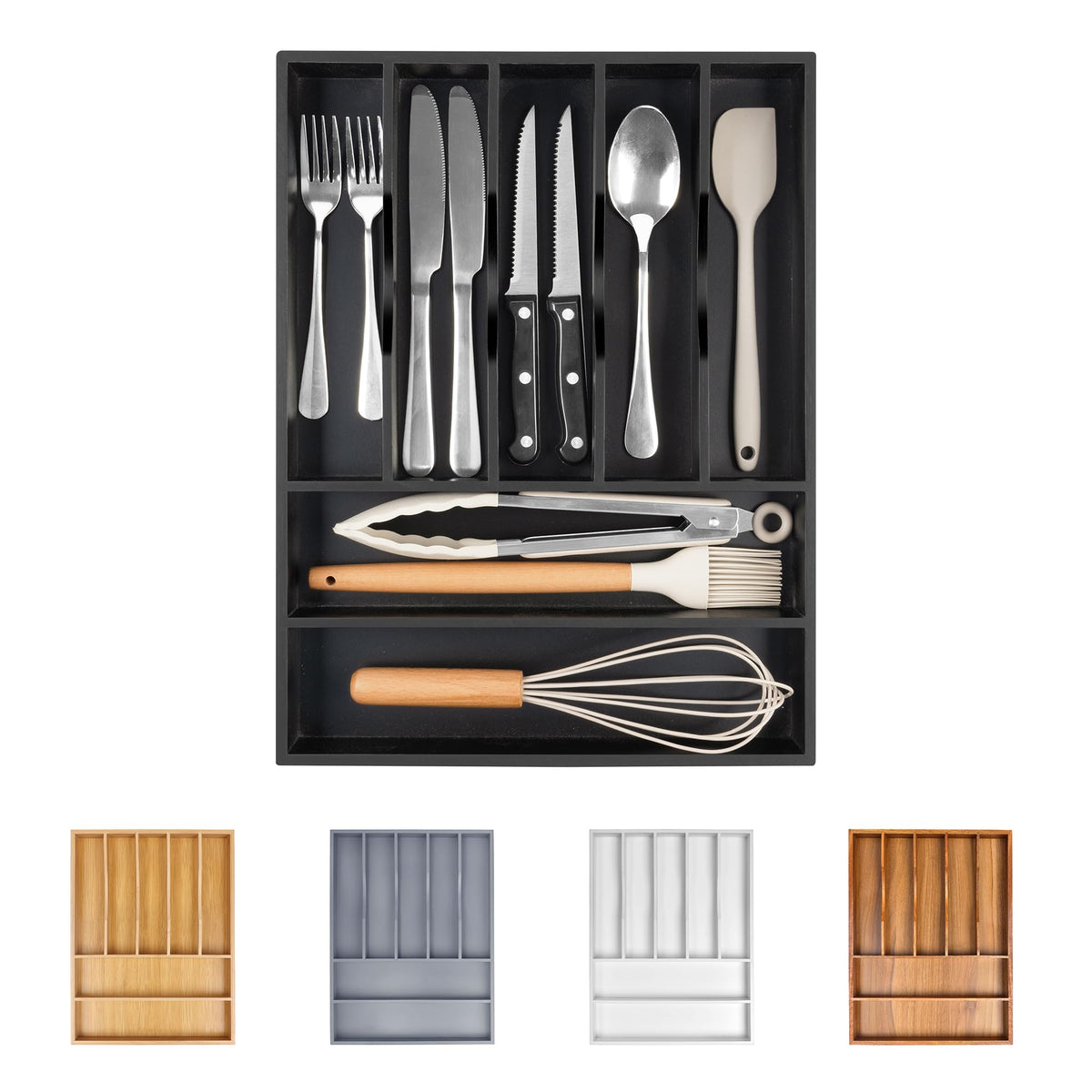 Bellsal Large Premium Acacia Wood Silverware Organizer - Expandable Utensil Drawer Organizer - 17"x19.6" Utensil Holder and Cutlery Tray with Grooved for Kitchen Flatware Utensils(7-9 Slot, Acacia)