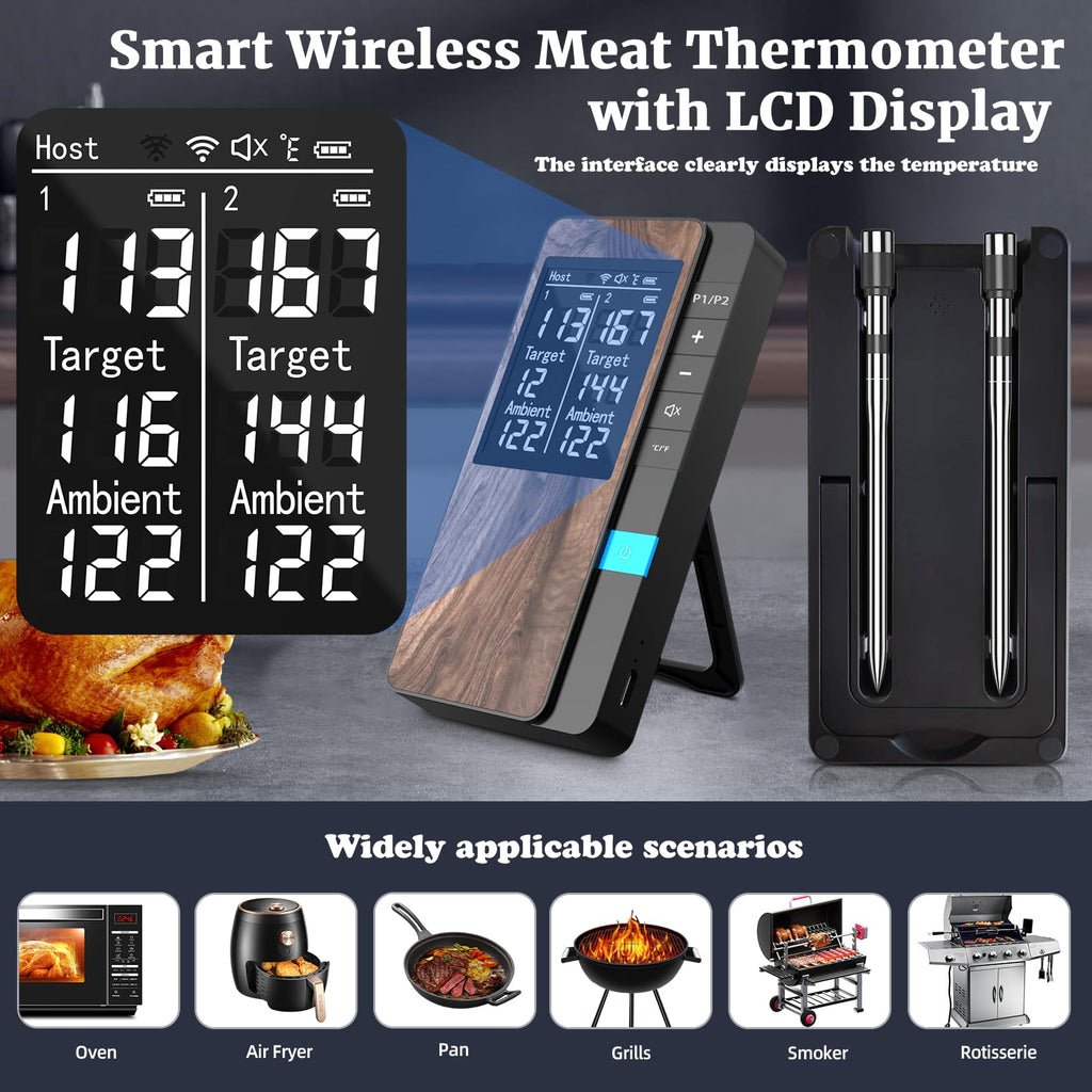 PRAVETTE Wireless Meat Thermometer-Multi Sensors Digital Food Thermometer with Ultra-Thin Probes, Accuracy Smart Bluetooth Meat Thermometer for Steak, BBQ, Oven, Grill, Smoker,Recipes in App & Host
