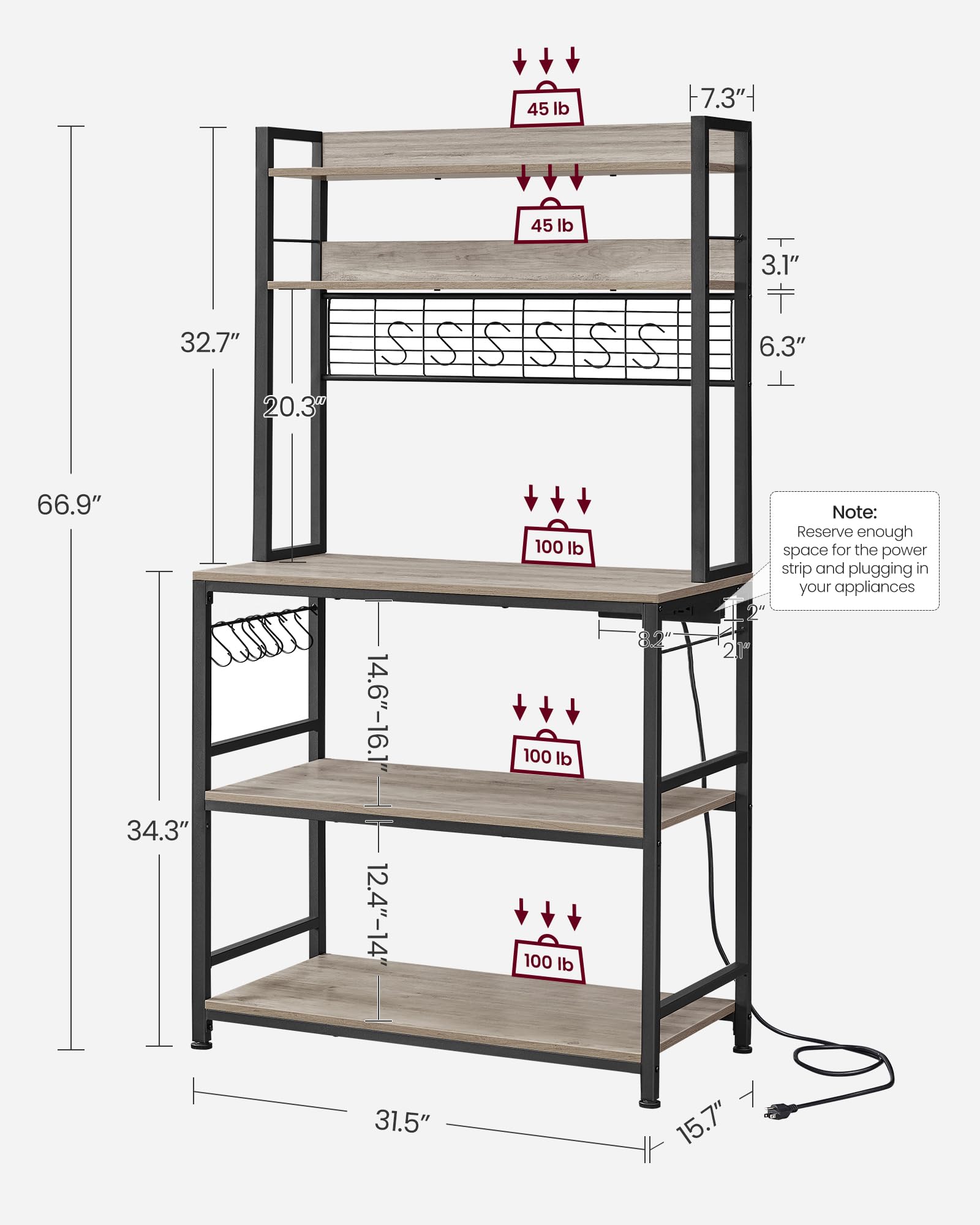 VASAGLE Bakers Rack with Power Outlet, Microwave Stand, Kitchen Tall Utility Storage Shelf, with Metal Wire Panel, 14 Hooks, 15.7 x 31.5 x 66.9 Inches, Heather Greige and Ink Black UKKS025B02