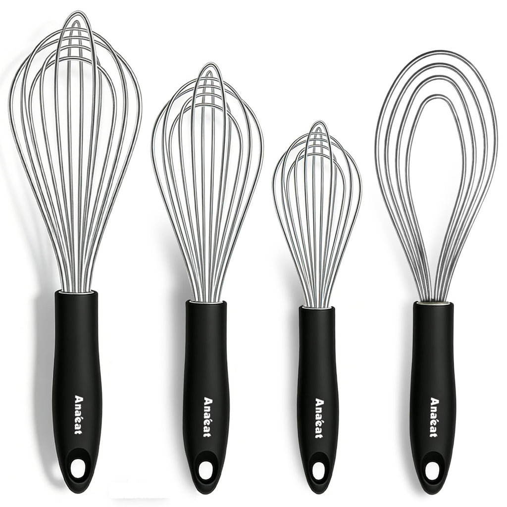 Anaeat Silicone Balloon Whisk, Perfect for Non-Stick Cookware, Milk and Egg Beater Blender, Heat Resistant Kitchen Whisks for Whisking, Cooking, Baking, Beating, Frothing & Stirring (Black)