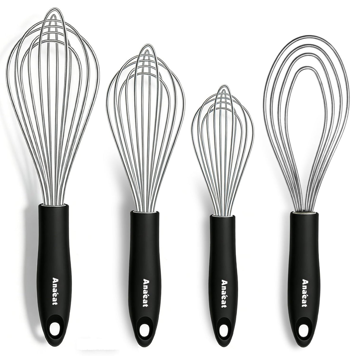Anaeat Silicone Balloon Whisk, Perfect for Non-Stick Cookware, Milk and Egg Beater Blender, Heat Resistant Kitchen Whisks for Whisking, Cooking, Baking, Beating, Frothing & Stirring (Black)