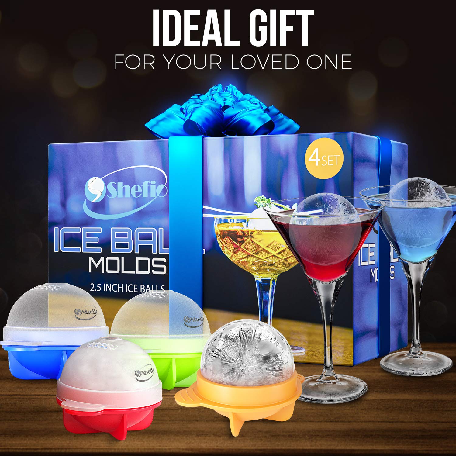 Large Round Ice Cube Mold - Shefio Ice Ball Mold - Set Of 4 Multicolor 2.5 Inch Tight Sealing, Leak Proof Silicone - For Cocktails & Spirits - Ice Ball Mold