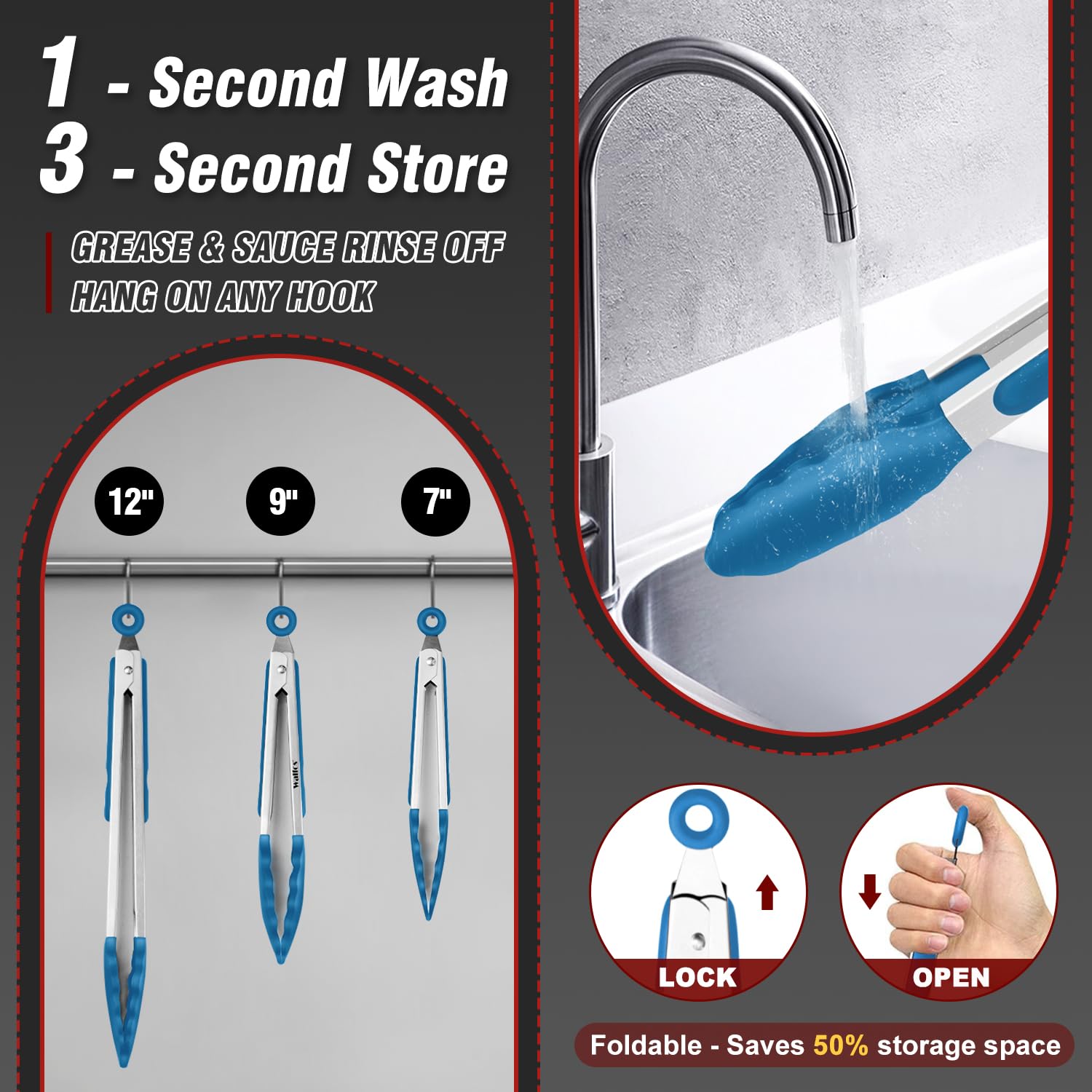 Walfos Kitchen Tongs - 7" 9" and 12" Heat Resistant Food tongs, Thickened Stainless Steel and BPA Free Silicone Tips, Great for Cooking, Grilling, Turning, Dishwasher safe(3 blue silicone tongs)