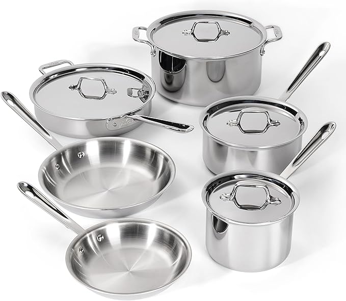 All-Clad D3® Stainless Steel 10 Piece Cookware Set- Made in USA- Includes Frying Pans, Saucepan, Sautépan, Stockpot - Professional Grade -Oven Safe & Induction Compatible