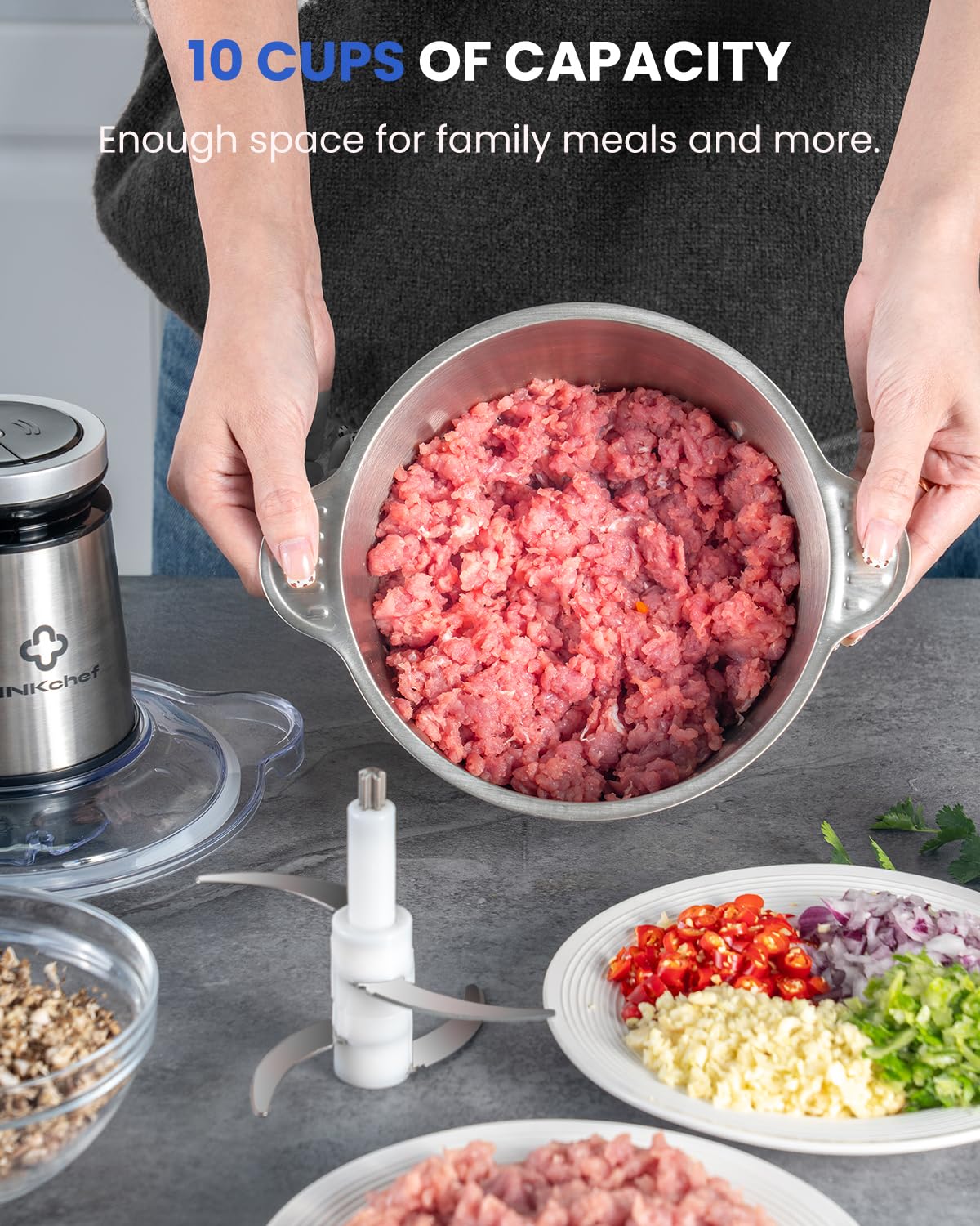 LINKChef Food Processor Small, 10 Cup Food Chopper with Container, 2.3L 600W Electric Meat Grinder for Home Use, Stainless Steel Mini Food Processor for Kitchen, Vegetable, Onion, Garlic, Salad