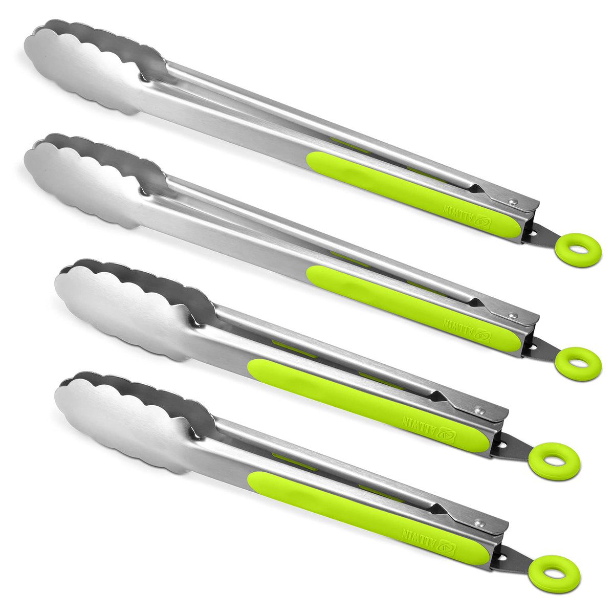 304 Stainless Steel Locking Kitchen Tongs, 9 & 12 Inch, 4-Piece, Black