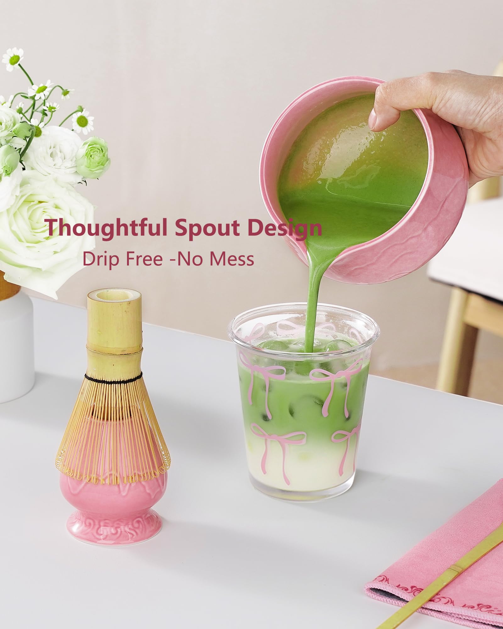 ZENS Matcha Whisk Set, 6pcs Matcha Set Pink Includes 15oz Ceramic Bowl and Bamboo Whisk (Chasen Holder) Scoop, 304 Sifter & Pink Tea Mat, Japanesse Matcha Kit for Matcha Latte-Making
