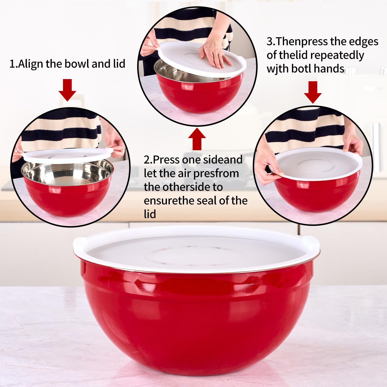 LKTDYMEG Red Mixing Bowls with Lids Set of 7, Stainless Steel Nesting Bowl with Khaki Lid for Non-slip Mixing Prepping Storing Serving, 7 Sizes-7/3.6/2.7/2.1/1.5/1/0.8 QT