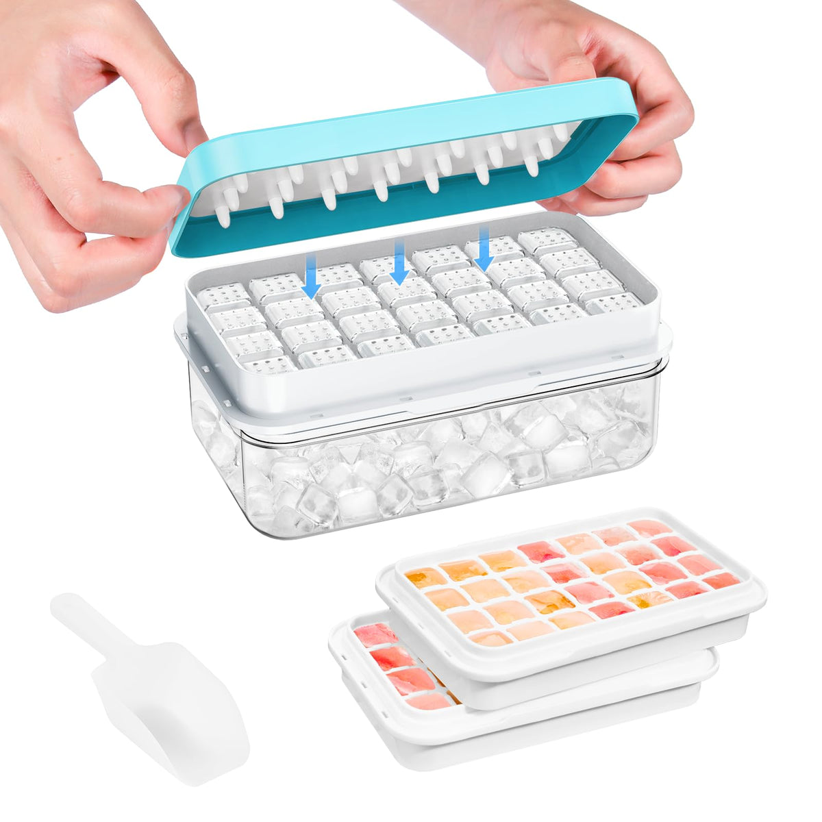 PHINOX Ice Cube Tray with Lid and Bin, Easy Release 56 Cubes for Freezer