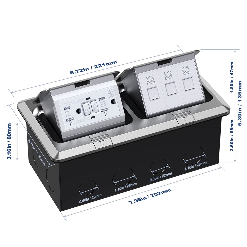 KYHSHJ Dual Pop-Up Floor Electrical Outlet Box Kit，20 Amp Stainless Steel GFCI TR Receptacle Outlet，3-Port RJ45 Datacom Receptacle，Silver