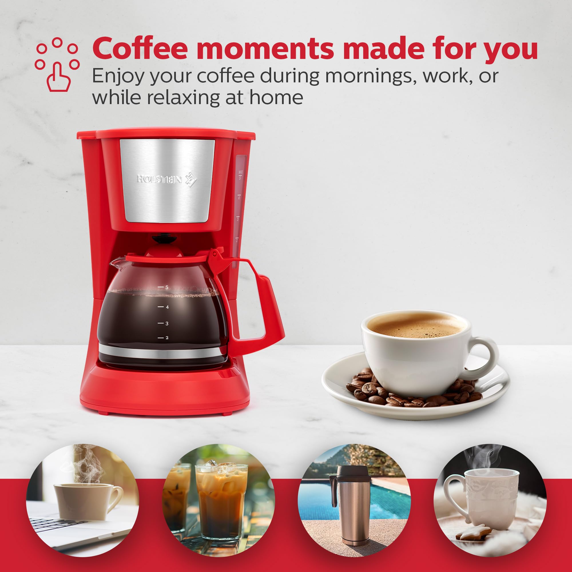 Holstein Housewares 5 Cup Drip Coffee Maker – Compact and User-Friendly with Auto Pause & Serve, Reusable Filter, Measuring Spoon & Glass Carafe, Office & Dorm Use, Red