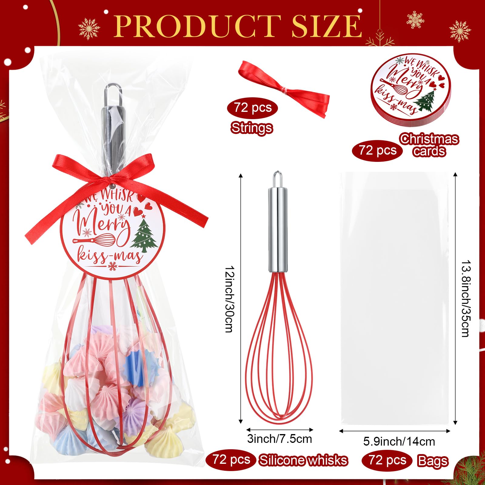 FoldTier 72 Sets 12 Inch Christmas Whisks Gifts DIY Fillable Christmas Tree Ornaments Xmas Colored Silicone Whisks for Cooking Heat Resistant Egg Beaters with Card Rope Bag for Candy Holder