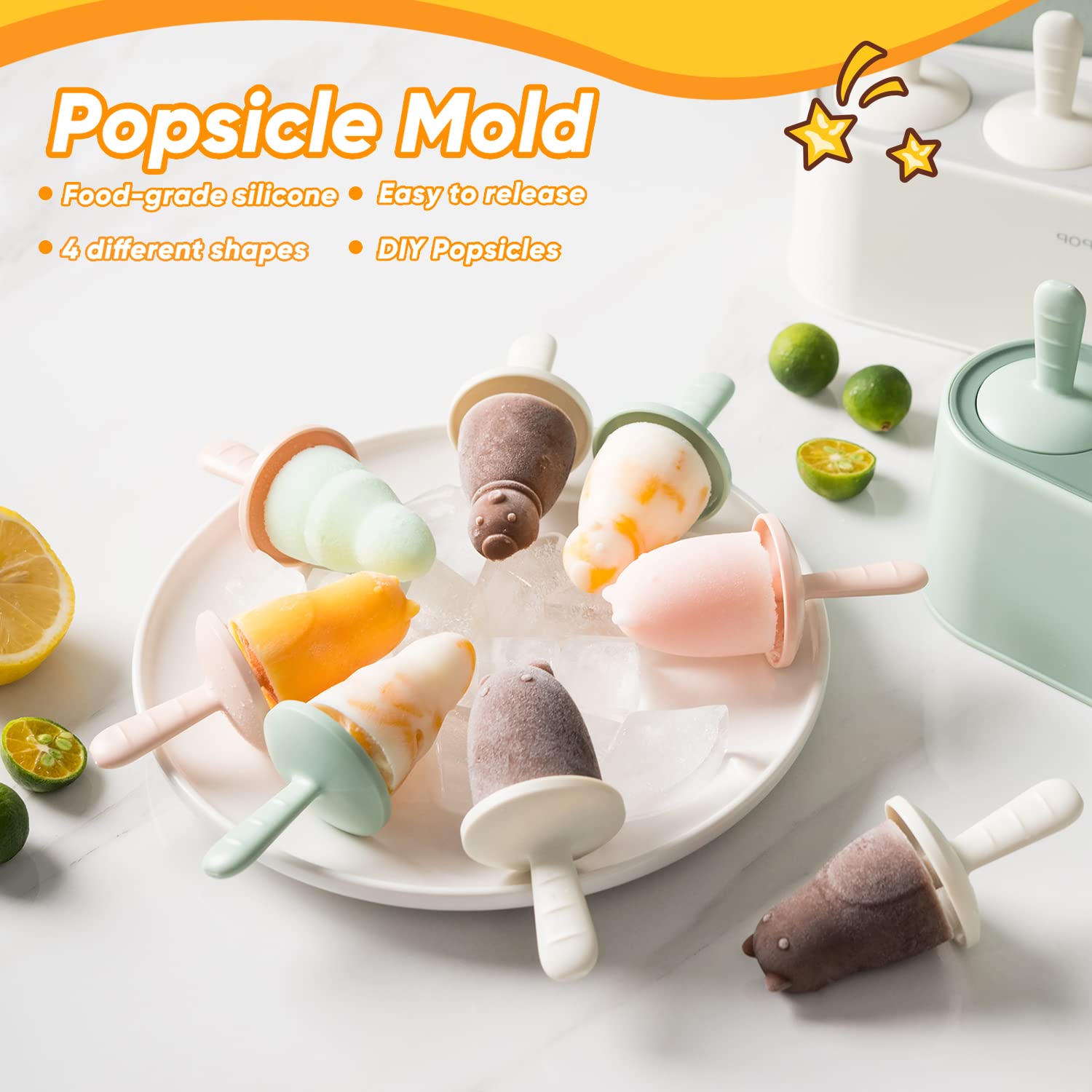 WYOK Popsicle Molds 4-Cavity Silicone Ice Pop Mold (White, Ice World Pops)