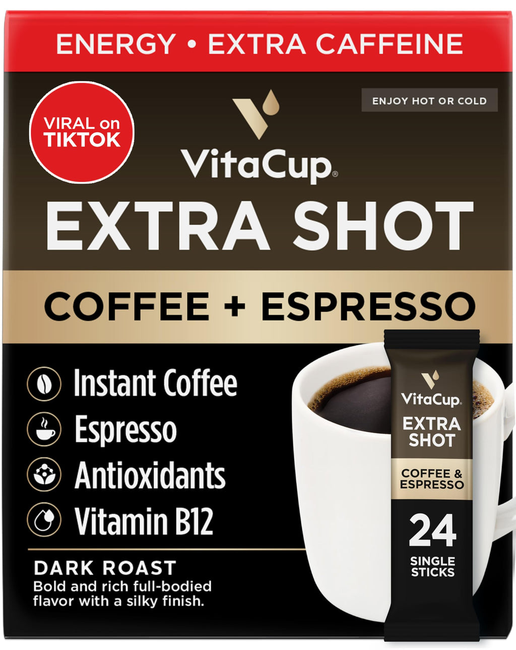 VitaCup Perfect Low Acid USDA Organic Instant Coffee Packets 24ct
