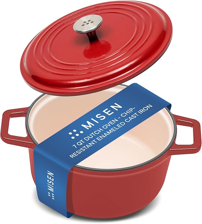 Misen 7 QT Enameled Cast Iron Dutch Oven - Chip-Resistant Enamel Coating - Thick Iron Core For Heat Retention - Large Cooking Surface - Oven Safe, Induction Compatible - Traditional Lid
