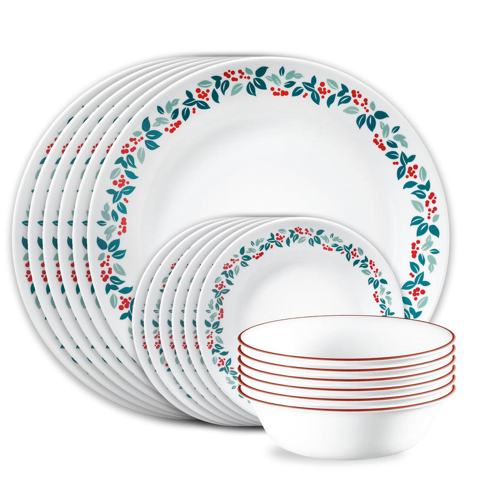 Corelle Vitrelle 18-Piece Christmas Service for 6 Dinnerware Set, Triple Layer Glass and Chip Resistant, Lightweight Round Holiday Plates and Bowls Set, Winter Berries