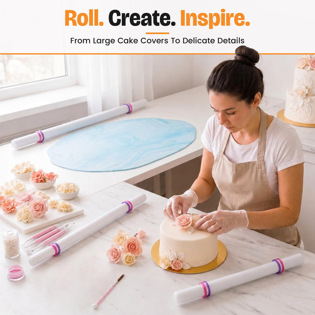 Bakerpan Fondant Roller Set - 3 Rolling Pins with Thickness Guide Rings
