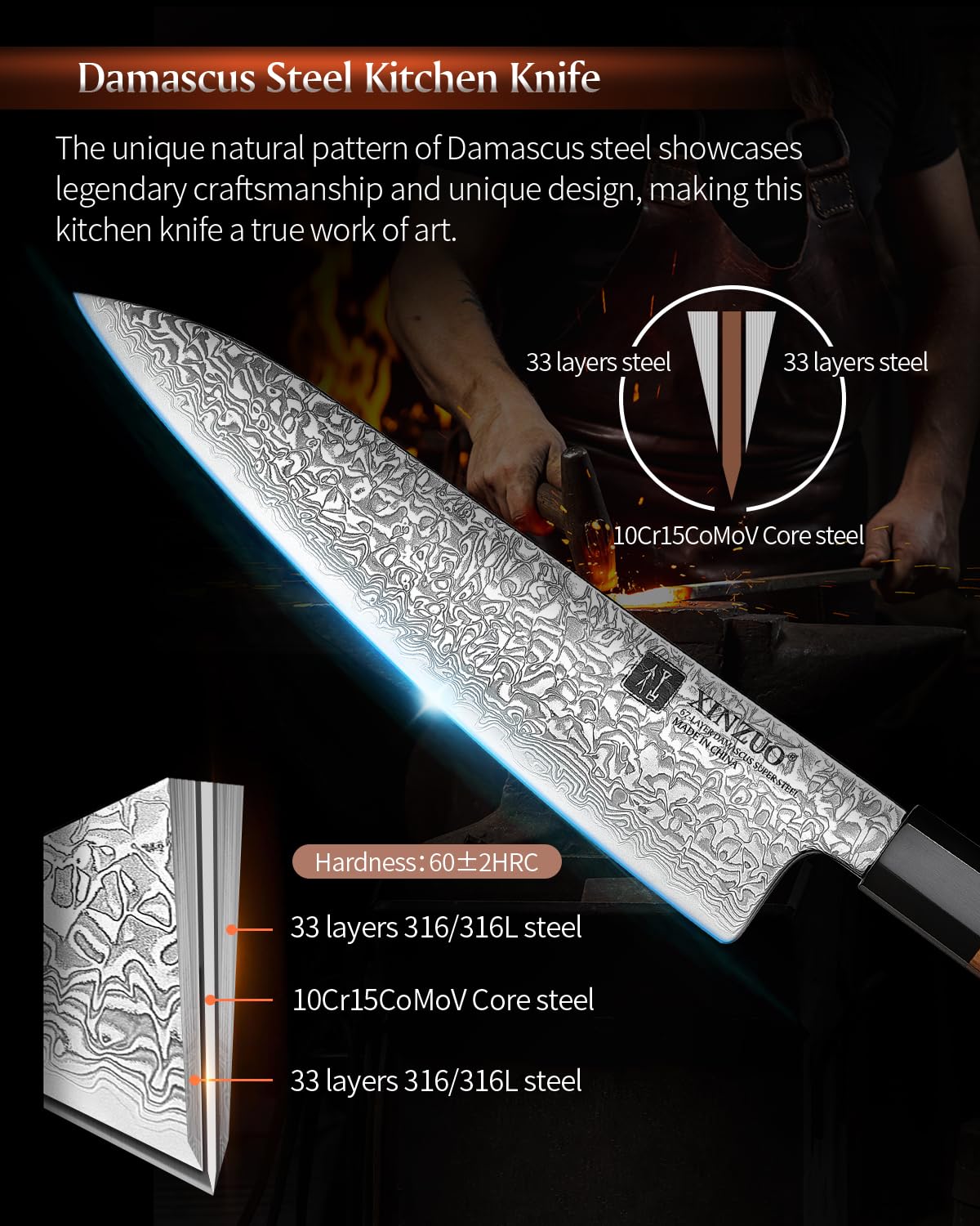 XINZUO 5 Pieces Kitchen Knife Set without Block, Hand Forged 67 Layers Damascus Steel Professional Chef Knife Set,Ultra Sharp,Olive Wood Octagonal Handle
