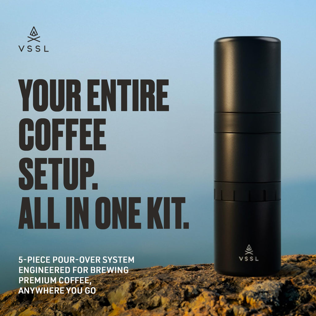 VSSL - Nest Pour Over Coffee Kit | Coffee Maker for Camping | All-In-One Travel Pour Over | Transportable Dripper, Two 10oz Stainless Steel Travel Mugs | Compact Storage & Adventure Ready | Black