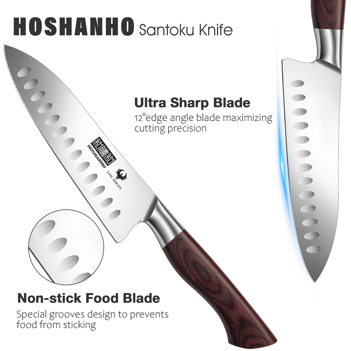 HOSHANHO 7" Chef Knife,Razor-Sharp Santoku Knife with Ergonomic Wood Handle