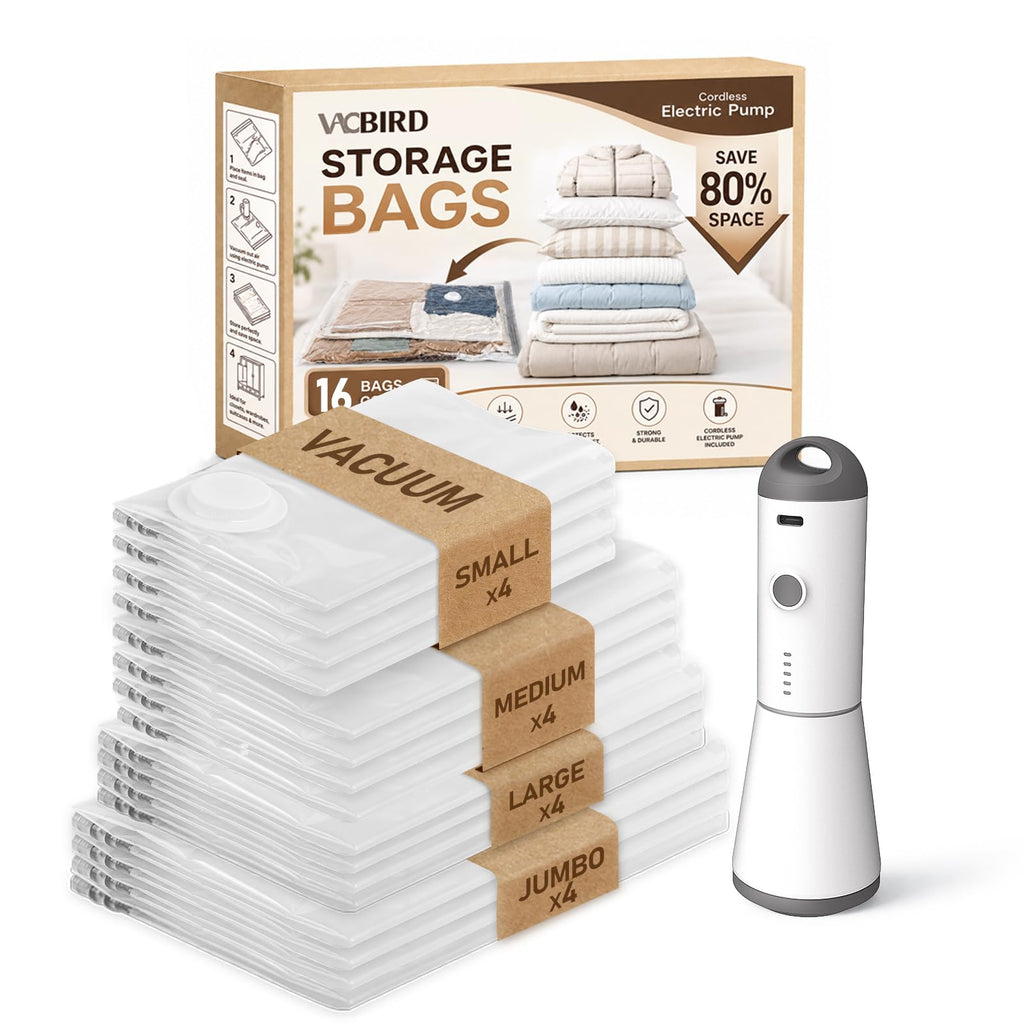 Vacbird Vacuum Storage Bags for Clothing Travel, 10 Pack Vacuum Bags with Rechargeable Cordless Air Pump(2 Large+4 Medium+4 Small), Compression Packing for Clothes Blanket Suitcase Luggage