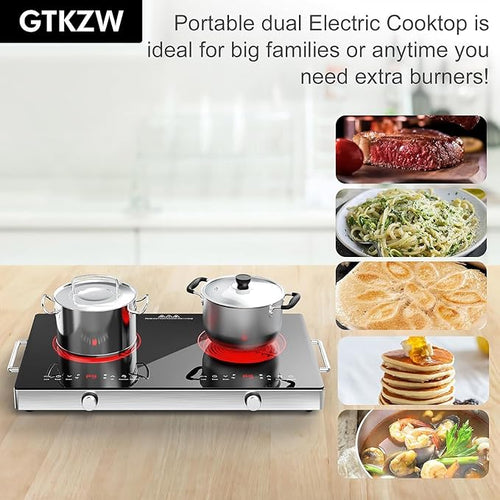 2 Burner Electric Cooktop, 110V 2400W Electric Stove Top, 24 Inch Hot Plate with Knob Control, Kids Lock & Timer, 9 Power Levels, LED Touch Control
