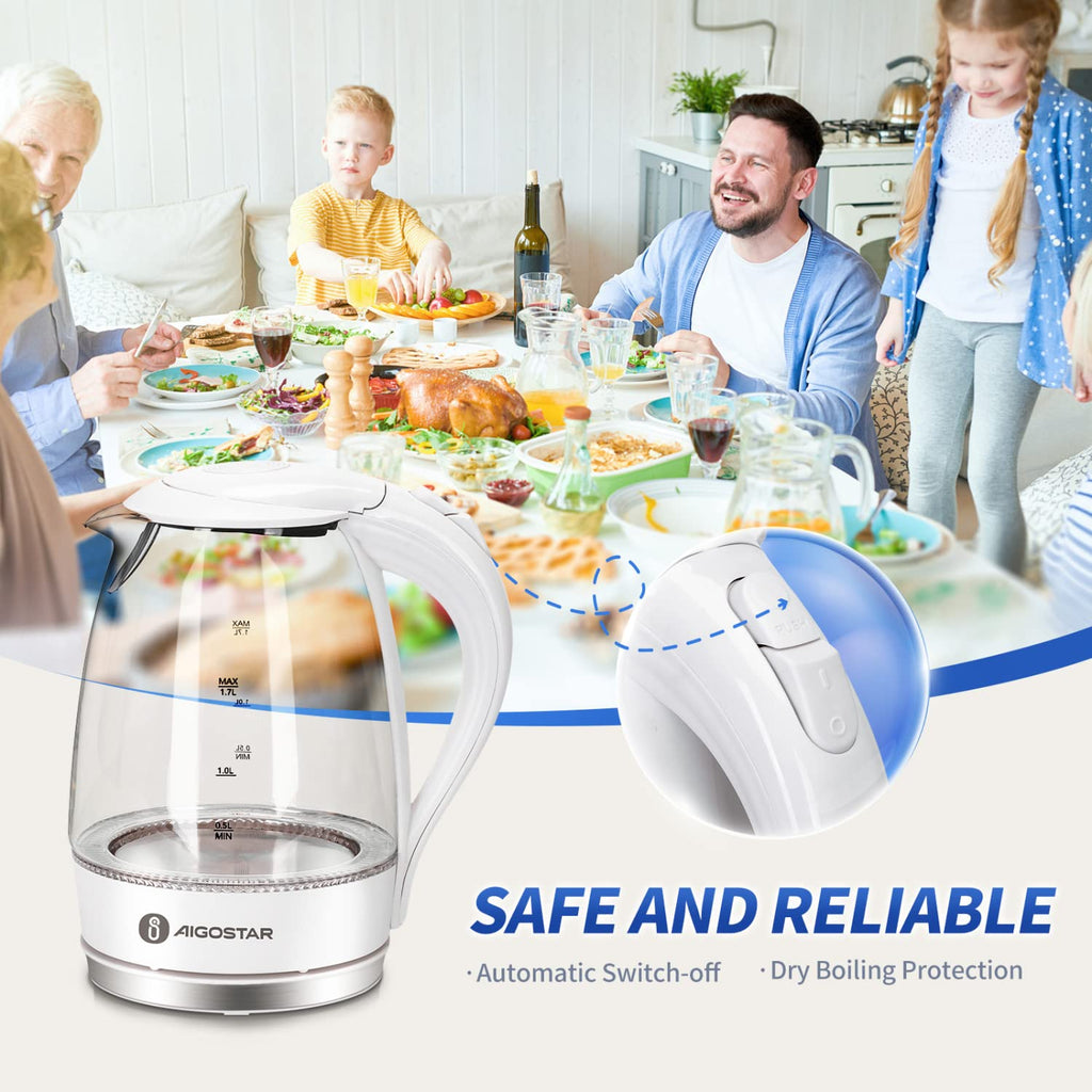 Aigostar Electric Kettle, 1500W Glass Electric Tea Kettle Rapid Heating, Borosilicate Glass, Auto Shutoff and Boil-Dry Protection, Hot Water Boiler BPA Free and Cordless with LED Indicator, 1.7 Liter