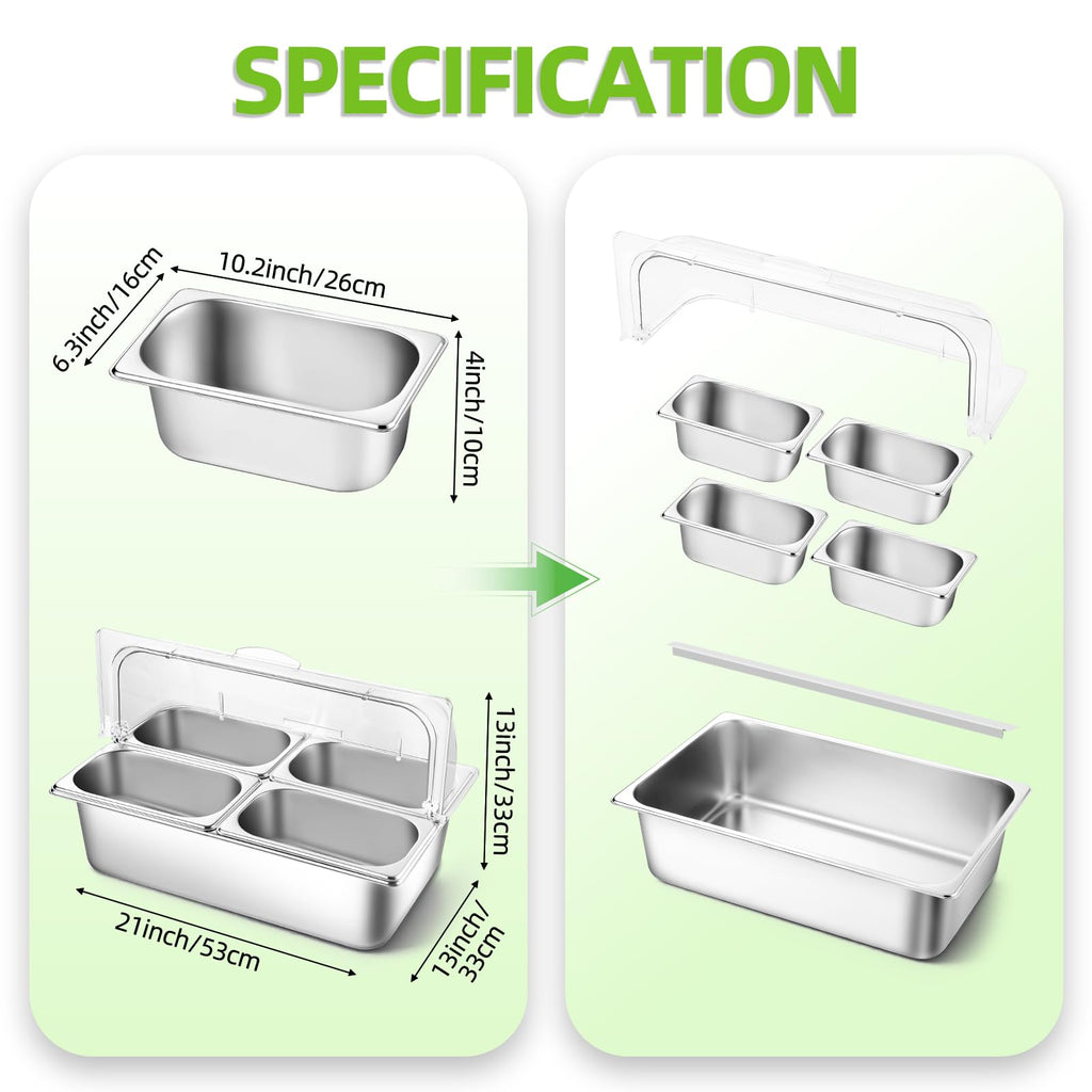 Tijvzk Stainless Steel Ice Food Serving Display Container 6 Pans 3 Ice Packs Cooled Condiment Dispenser Cold Serving Appetizer Buffet Organizer (4 Pans)