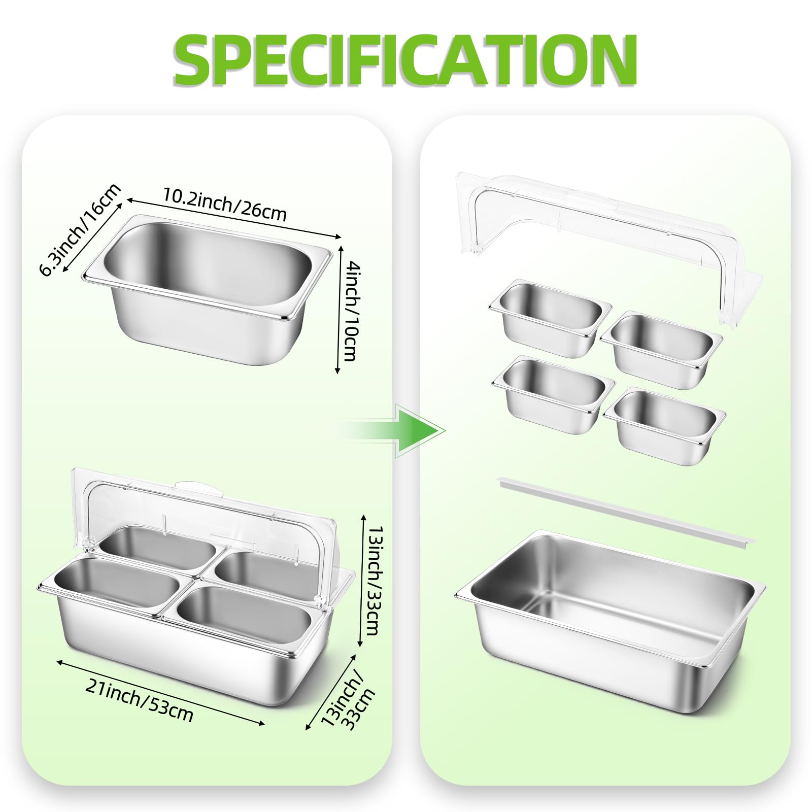 Tijvzk Stainless Steel Ice Food Serving Display Container 6 Pans 3 Ice Packs Cooled Condiment Dispenser Cold Serving Appetizer Buffet Organizer (4 Pans)