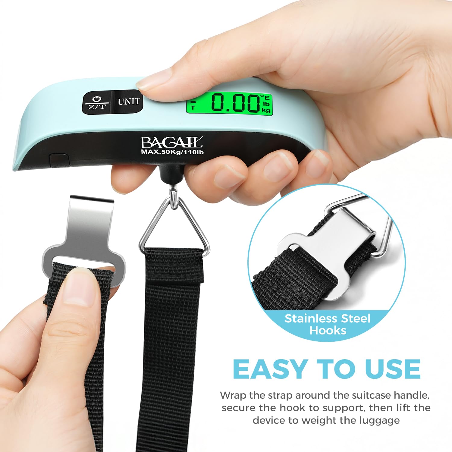 BAGAIL Digital Luggage Scale, 110lbs Hanging Baggage Scale with Backlit LCD Display,Portable Suitcase Weighing Scale,Travel Luggage Weight Scale with Hook,Strong Straps for Travelers(Mint)
