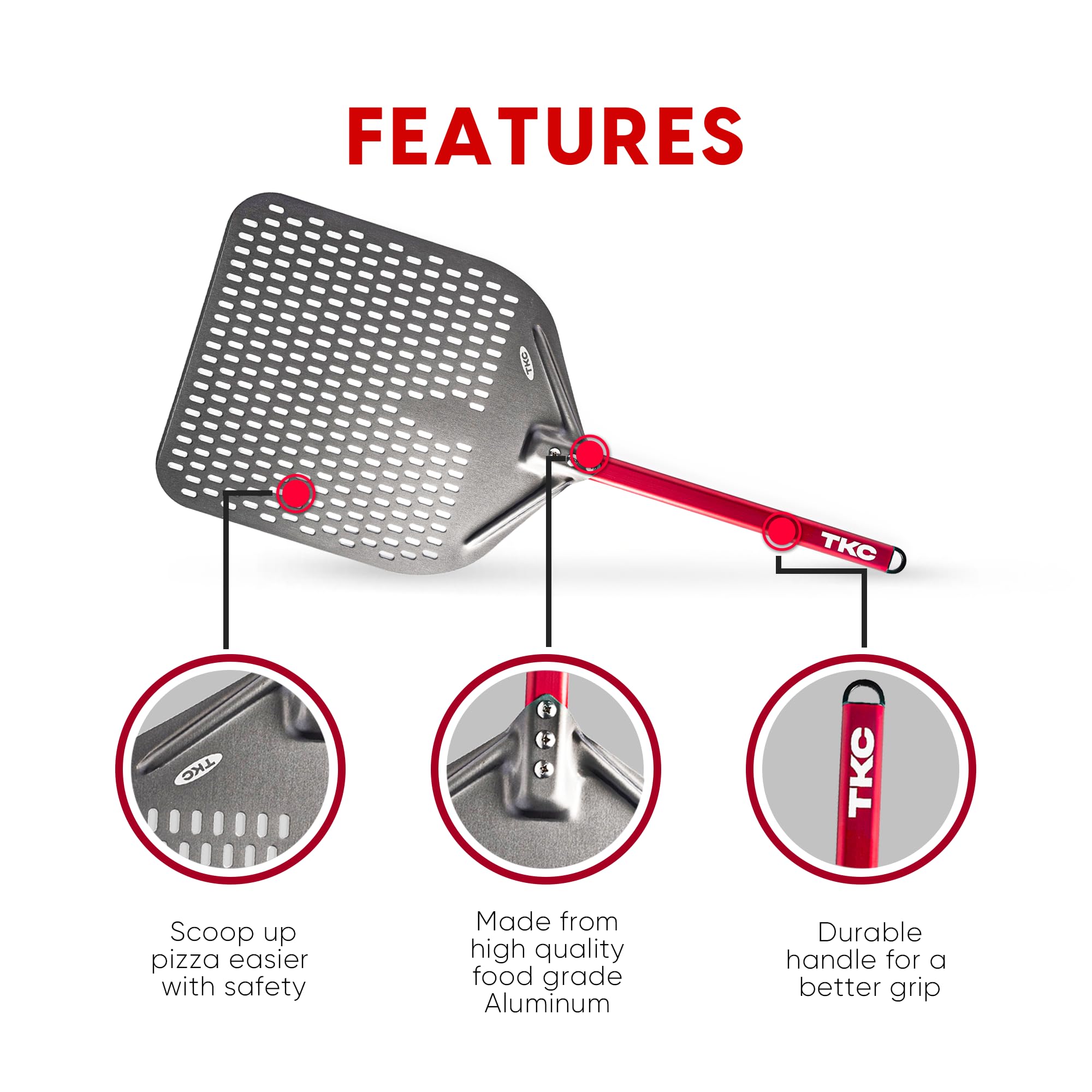 TKC 14” Perforated Pizza Peel – 31 Inch Long Handle Perforated Aluminium Pizza Paddle – Lightweight Pizza Turning Peel – Commercial Grade Pizza Spatula - Outdoor Pizza Oven Accessories - (Silver/Red)