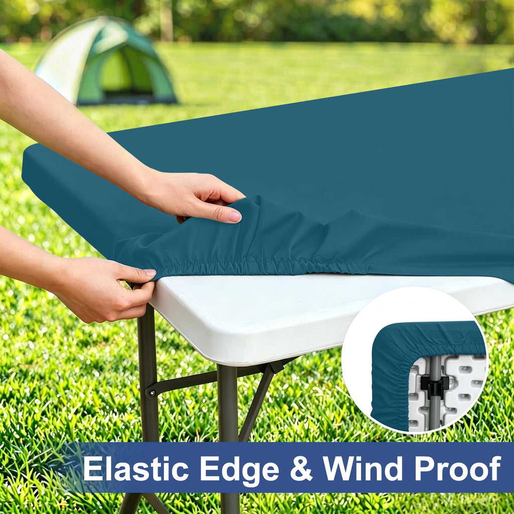 homing Rectangle Table Cloth Cover, Water-Resistant Polyester Elastic Fitted Tablecloth, Fits for 6 Foot Folding Tables, Washable Table Protector for Picnic, Camping, Outdoor (Peacock Blue, 30" x 72")