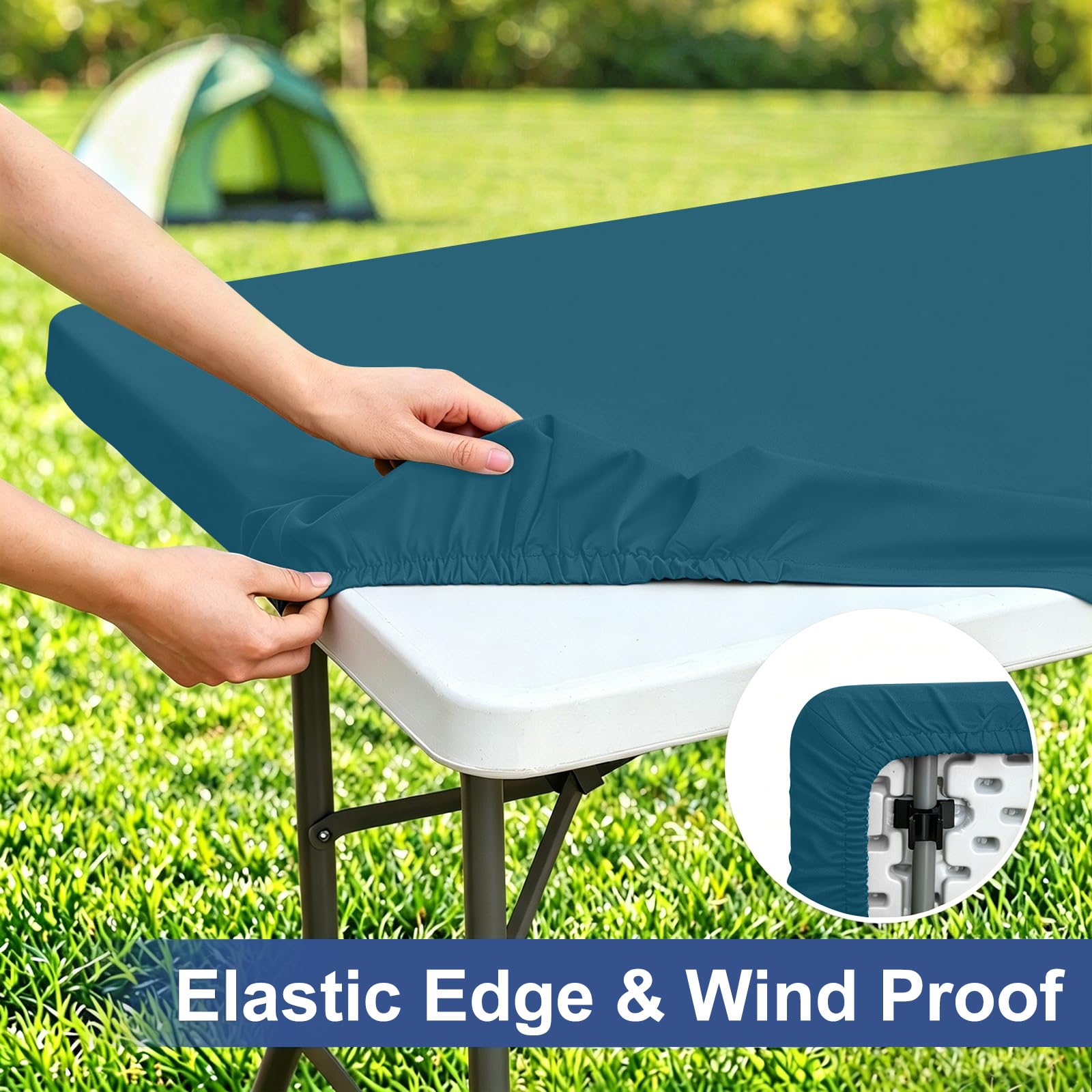 homing Rectangle Table Cloth Cover, Water-Resistant Polyester Elastic Fitted Tablecloth, Fits for 6 Foot Folding Tables, Washable Table Protector for Picnic, Camping, Outdoor (Peacock Blue, 30" x 72")
