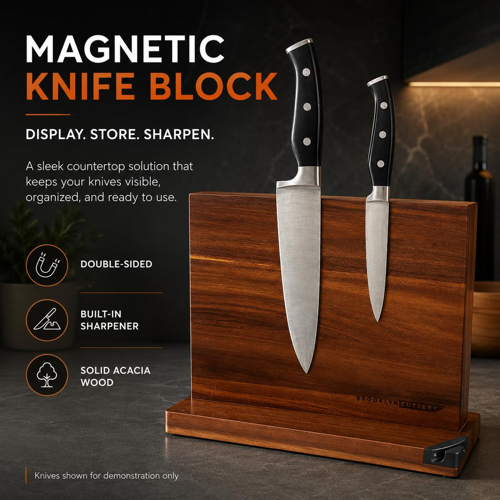 BROOKLYN CUTLERY Magnetic Knife Block, Acacia Wood Magnetic Knife Holder for Kitchen Counter Universal Knife Block Without Knives (12 x 10 With Sharpener)