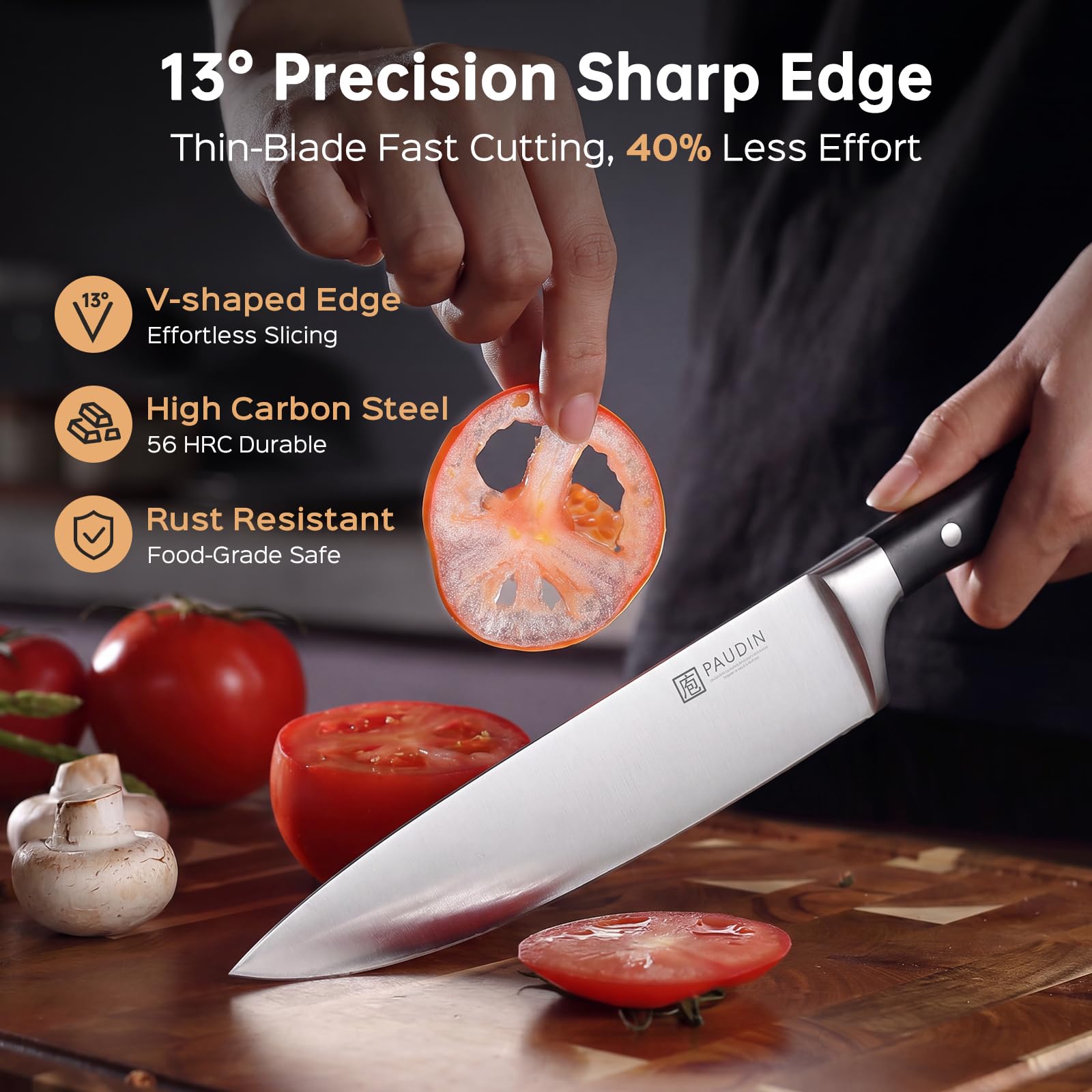 PAUDIN Knife Block Set, 15 Pieces Knife Set with Block, High Carbon Stainless Steel Kitchen Knife Set with Sharpener, Knives Set for Kitchen with Full Tang Triple Rivet Handle