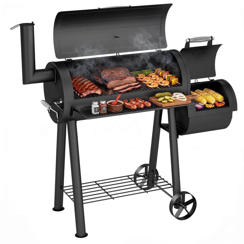 MFSTUDIO Heavy Duty Charcoal Wood Offset Outdoor Smoker Grill, Charcoal Grill with Smoker Combo for BBQ Grilling, 512 SQ.IN.